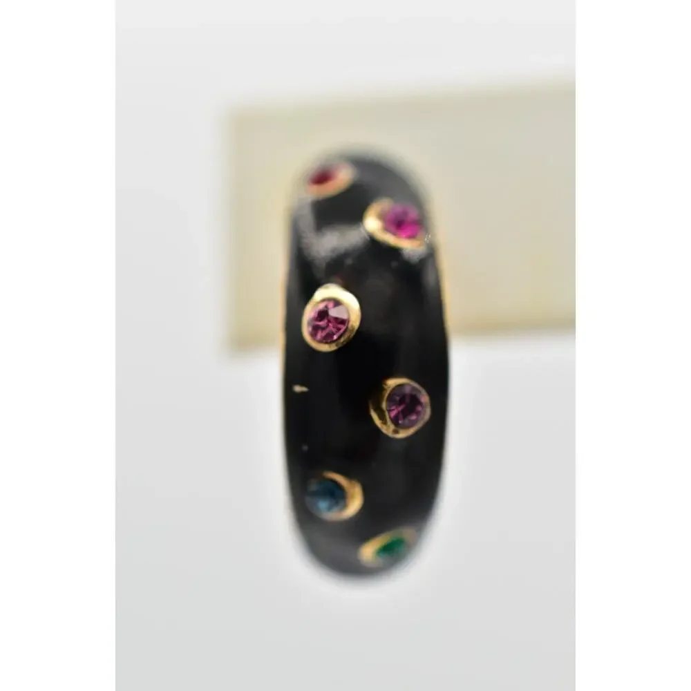 Vintage Dangle Crystal Hoop Earrings Black Enamel Multi-Color NOS 1980s 9L